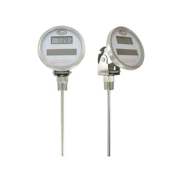 Digital solar-powered bimetal thermometer, range -58 to 158Deg F, 12in stem., Dwyer Instruments, Mfr#: DBTA3122